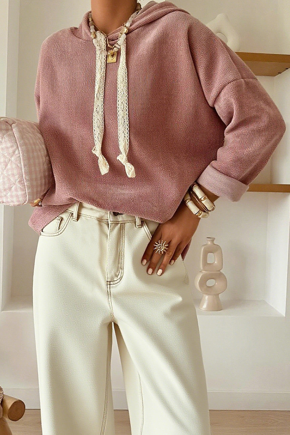 Lace Drawstring Baggy Hoodie