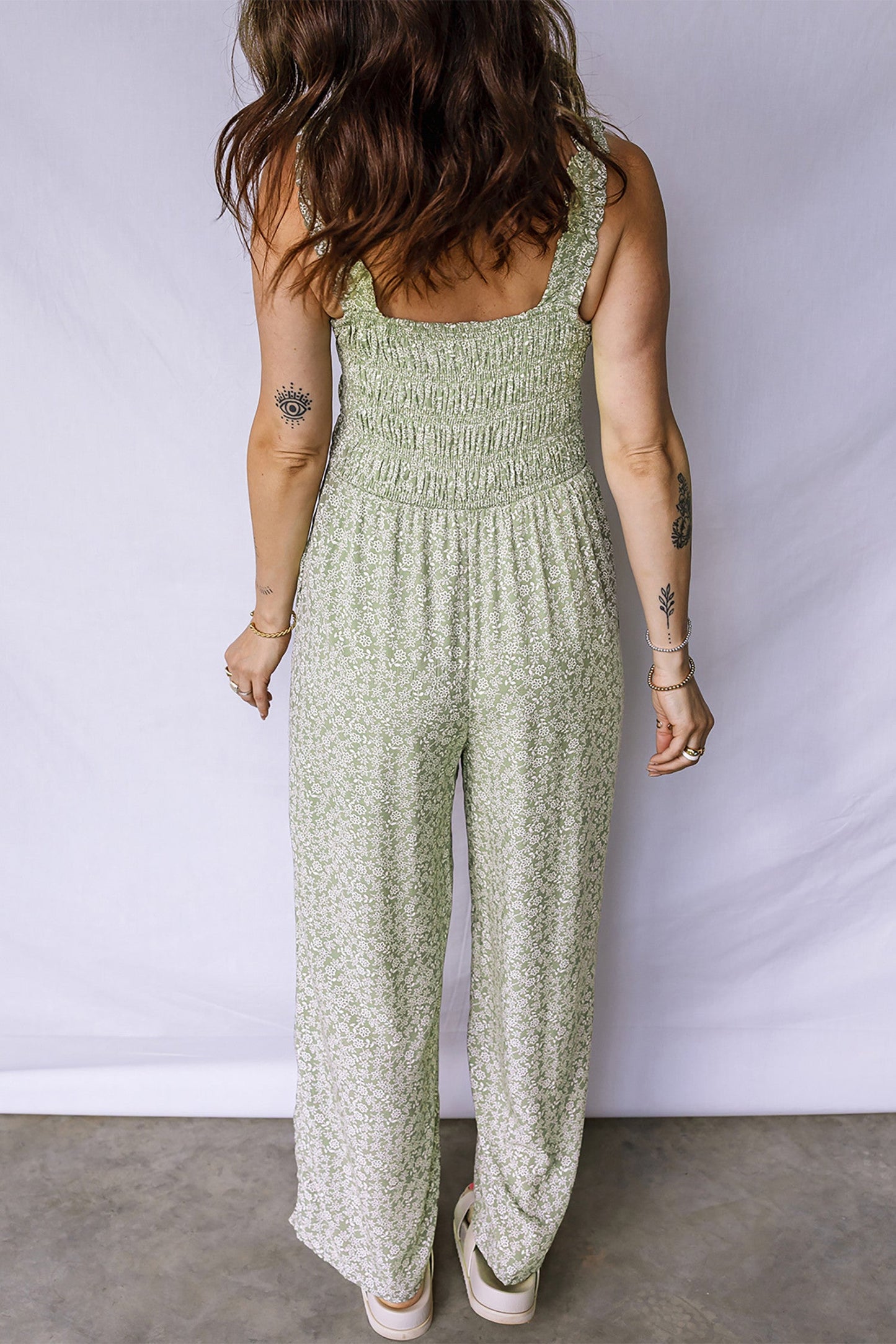 Green Smocked Floral Jumpsuit