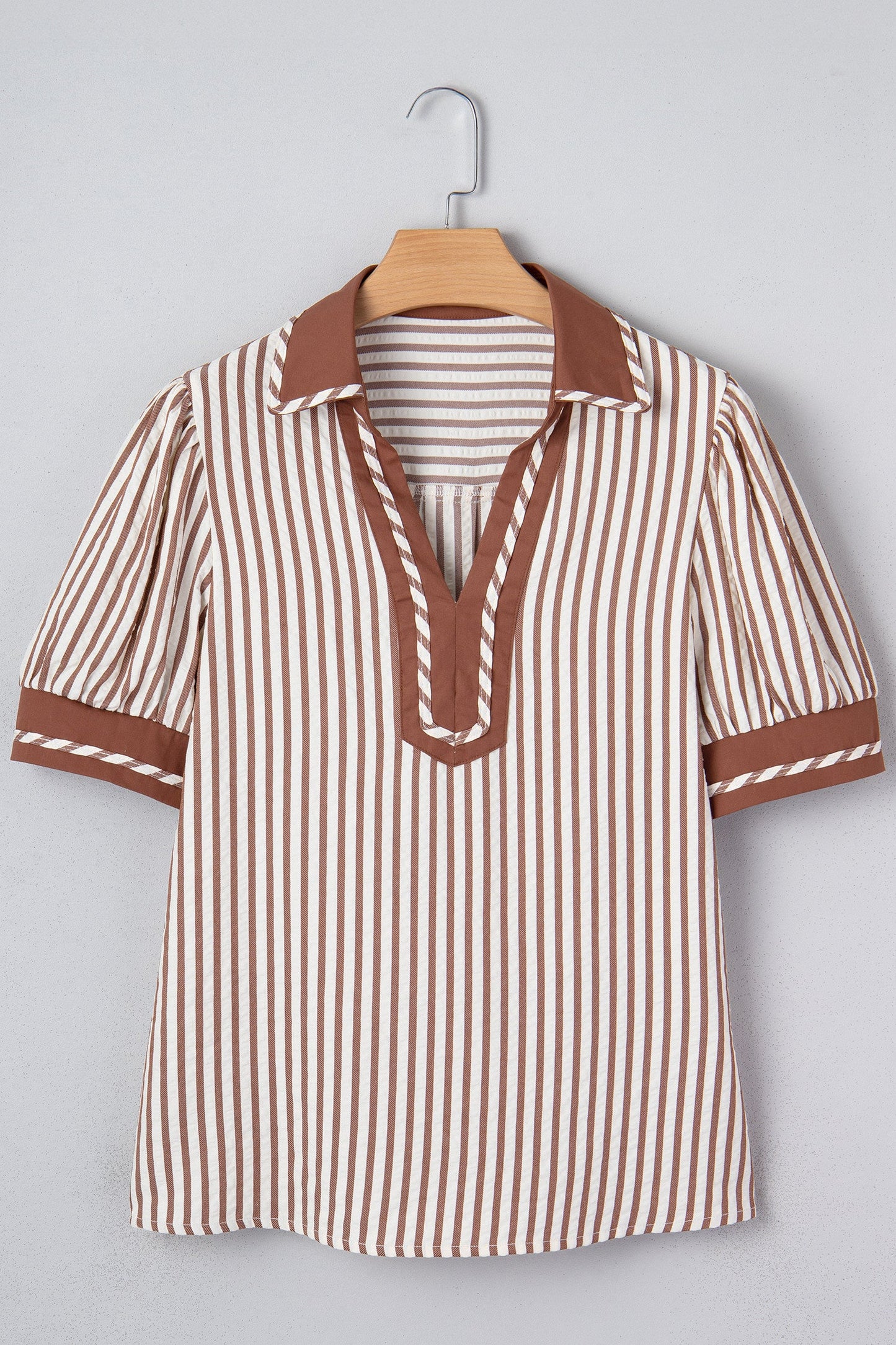 Khaki Stripe Bubble Sleeve Blouse
