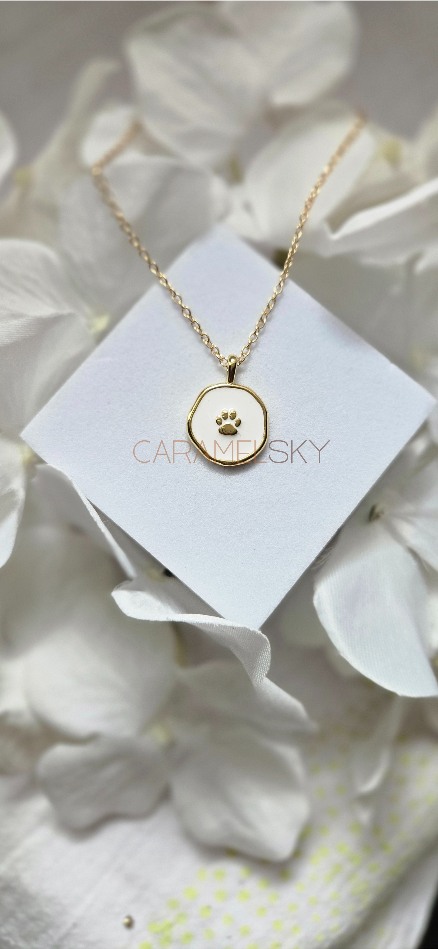 18k Gold and White Paw Print Necklace