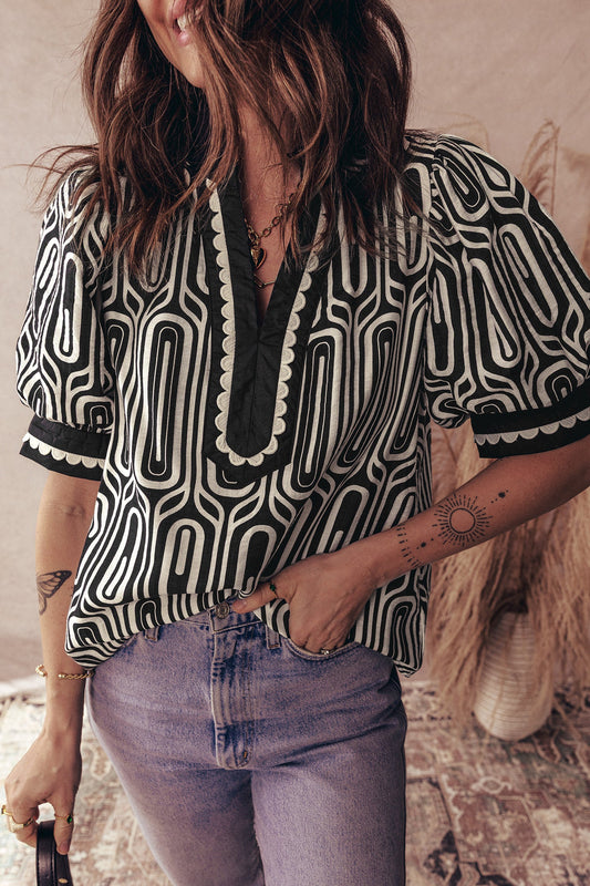 Black Geometric Scalloped Blouse