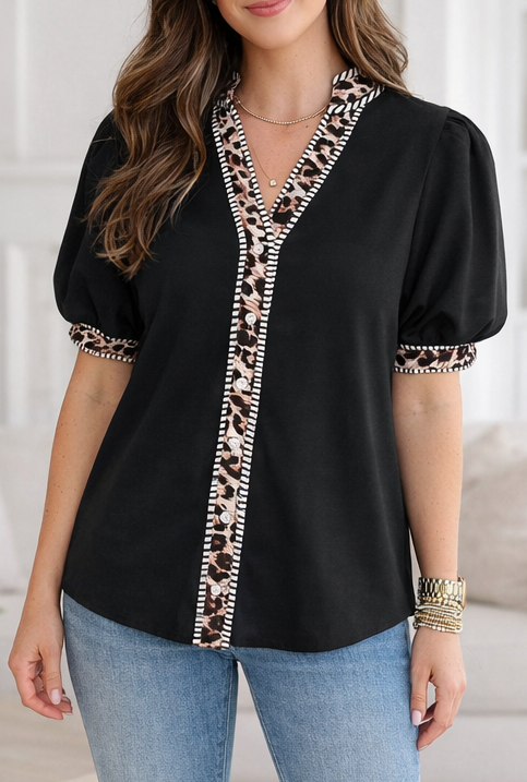 Black Leopard Trim V Neck