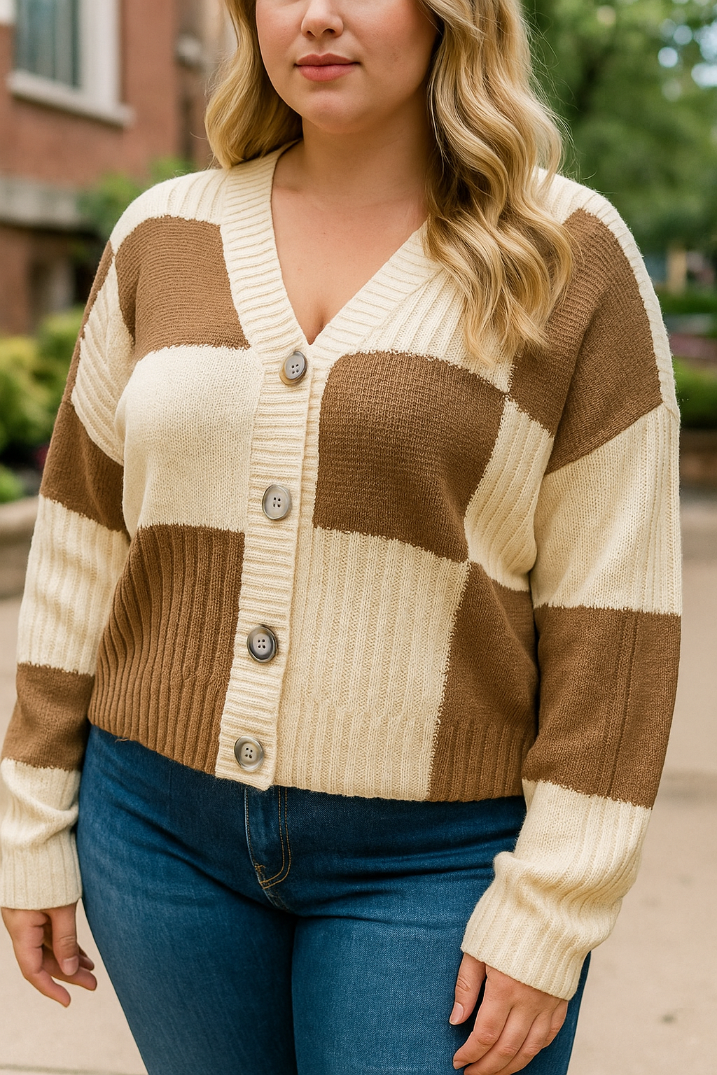 Checkered Ribbed Plus Cardigan