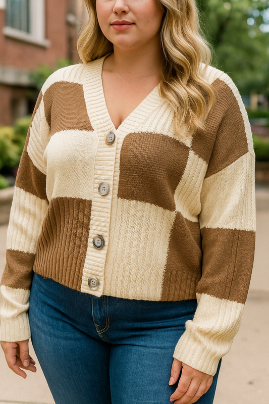 Checkered Ribbed Plus Cardigan