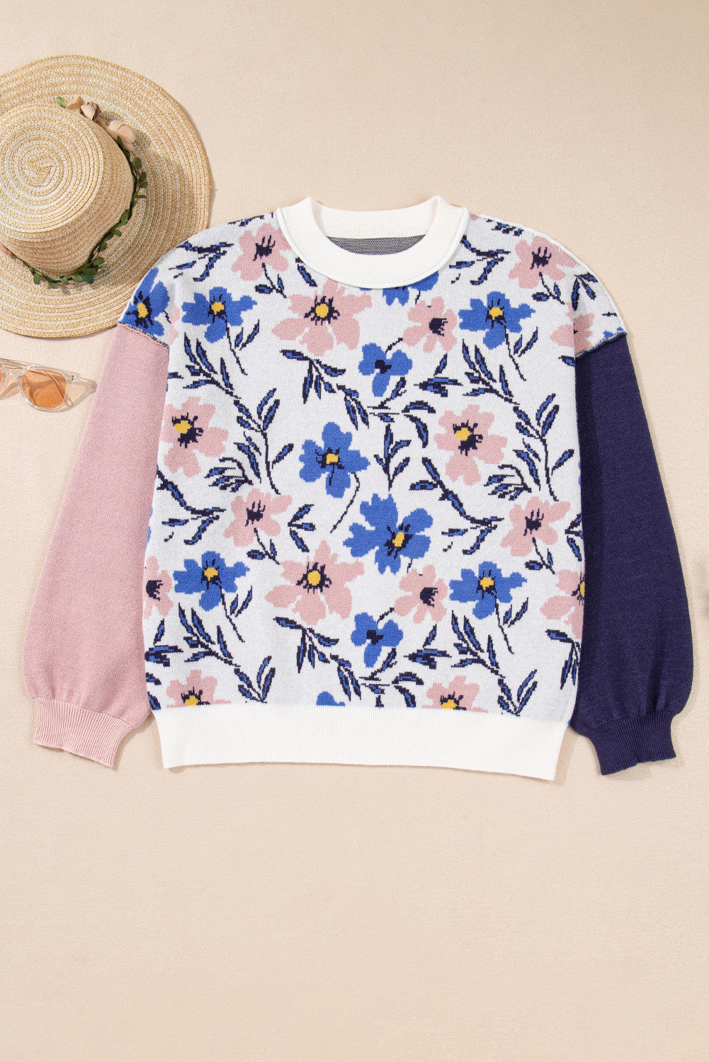 Floral Panel Sleeve Patchwork Sweater