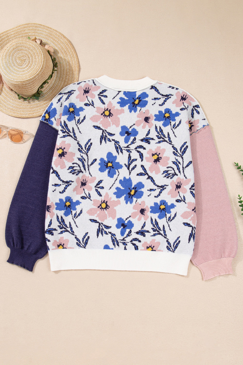 Floral Panel Sleeve Patchwork Sweater