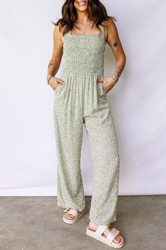 Green Smocked Floral Jumpsuit