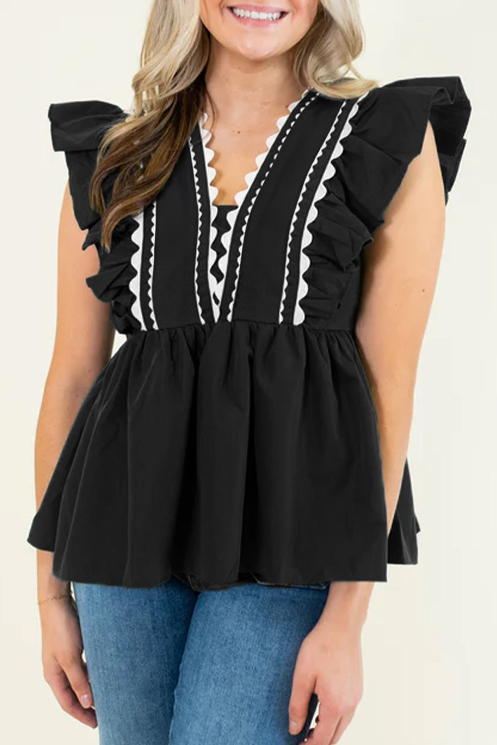 Black Contrast RicRac Blouse