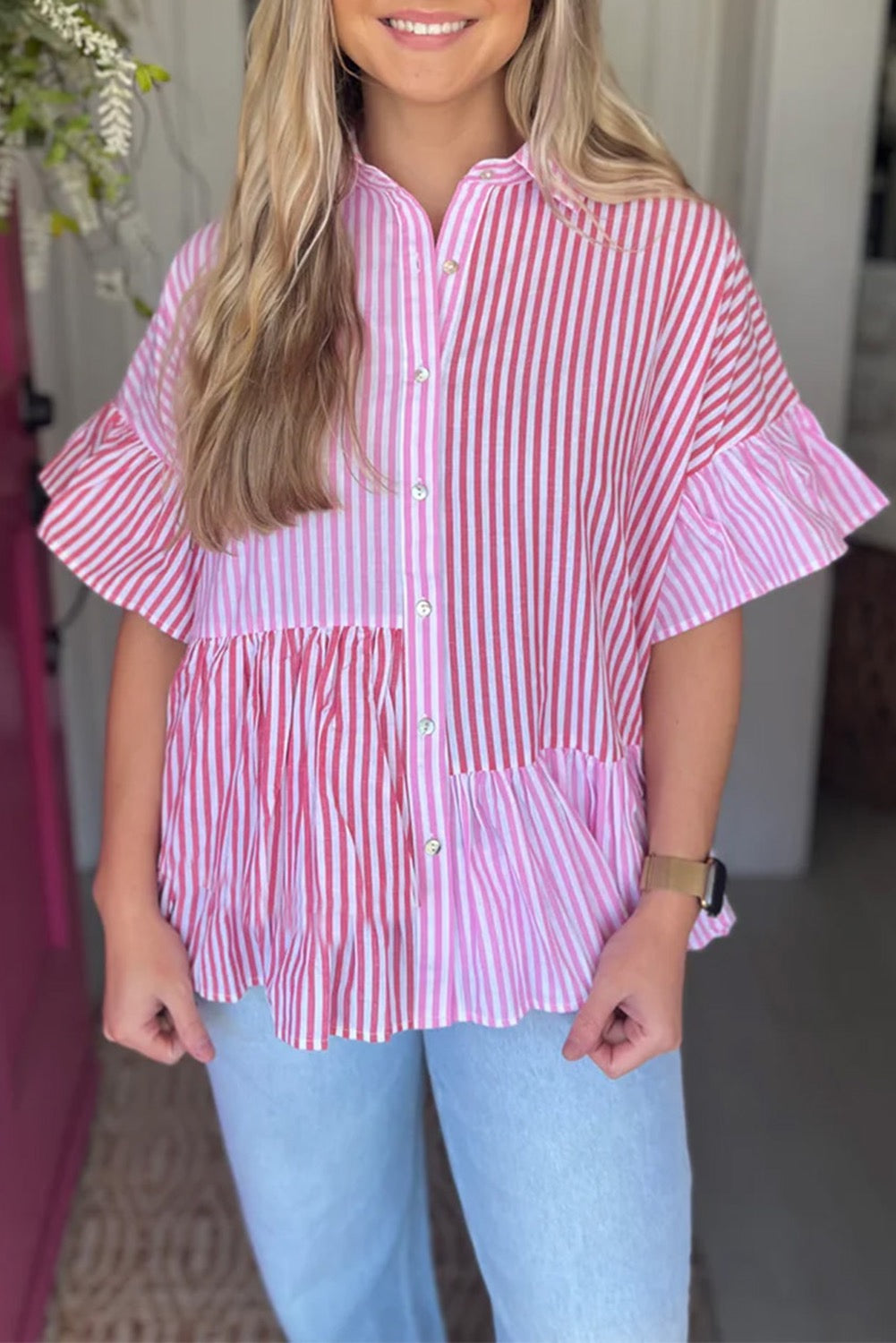 Pink Striped Ruffle Shirt