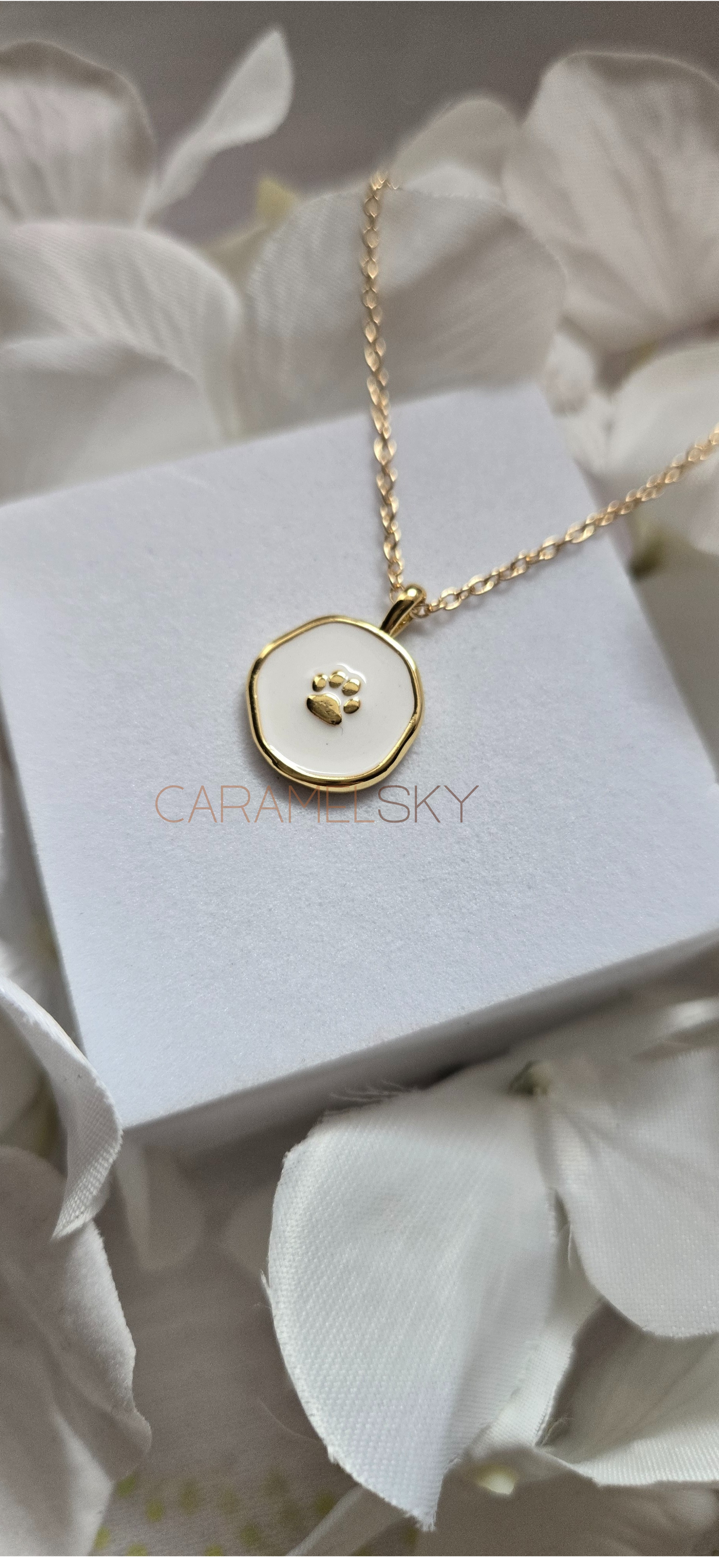 18k Gold and White Paw Print Necklace